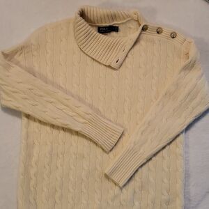 Polo Ralph Lauren Cable-Knit Sweater Mock Neck Button Cream Women's M EUC